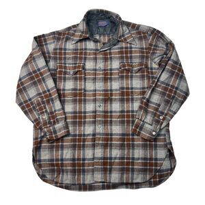 Pendleton Vintage 60s Tartan Plaid Board Shirt 100% Wool USA FLAW Brown Sz 17 XL